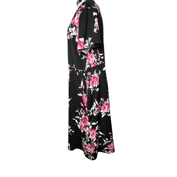 Nemido Women's Dress Size 26 Black Pink Floral Midi Short Sleeve Round Neck Pock - Picture 5 of 13